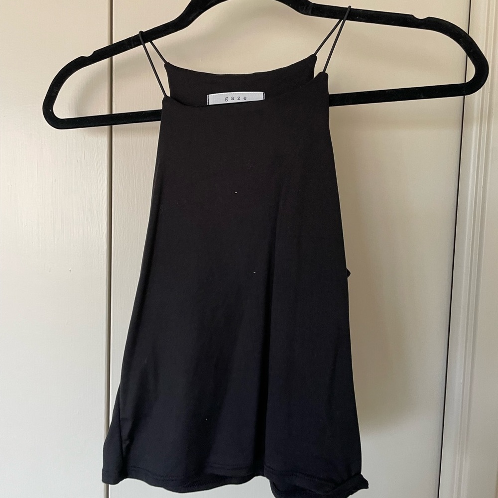Gaze Black High Neck Crop Tank Top Spaghetti Strap Minimalist Capsule S